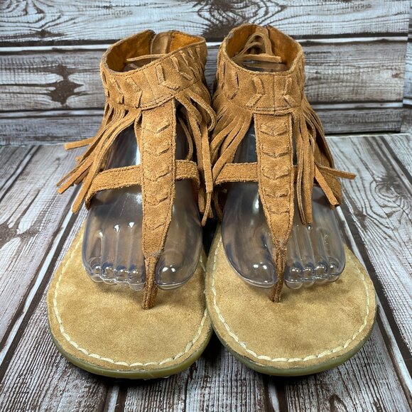 MINNETONKA Women's 10 Brown Ankle Suede Thong Fringe Back Zip Shoes Sandals EUC - Picture 3 of 9